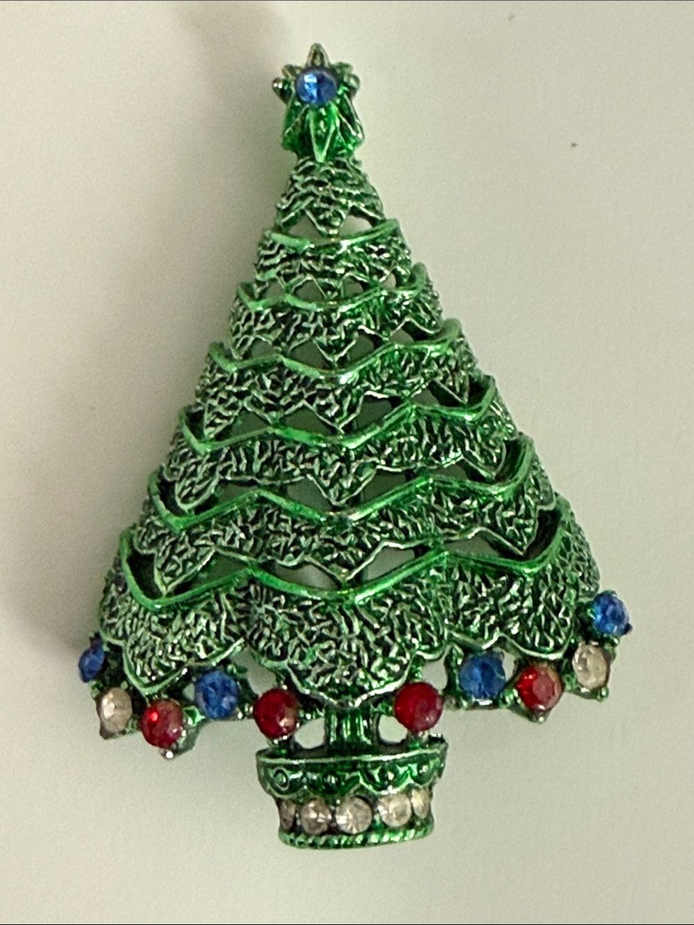 Rare vintage Corel Green Jeweled Christmas Tree Brooch pin book piece